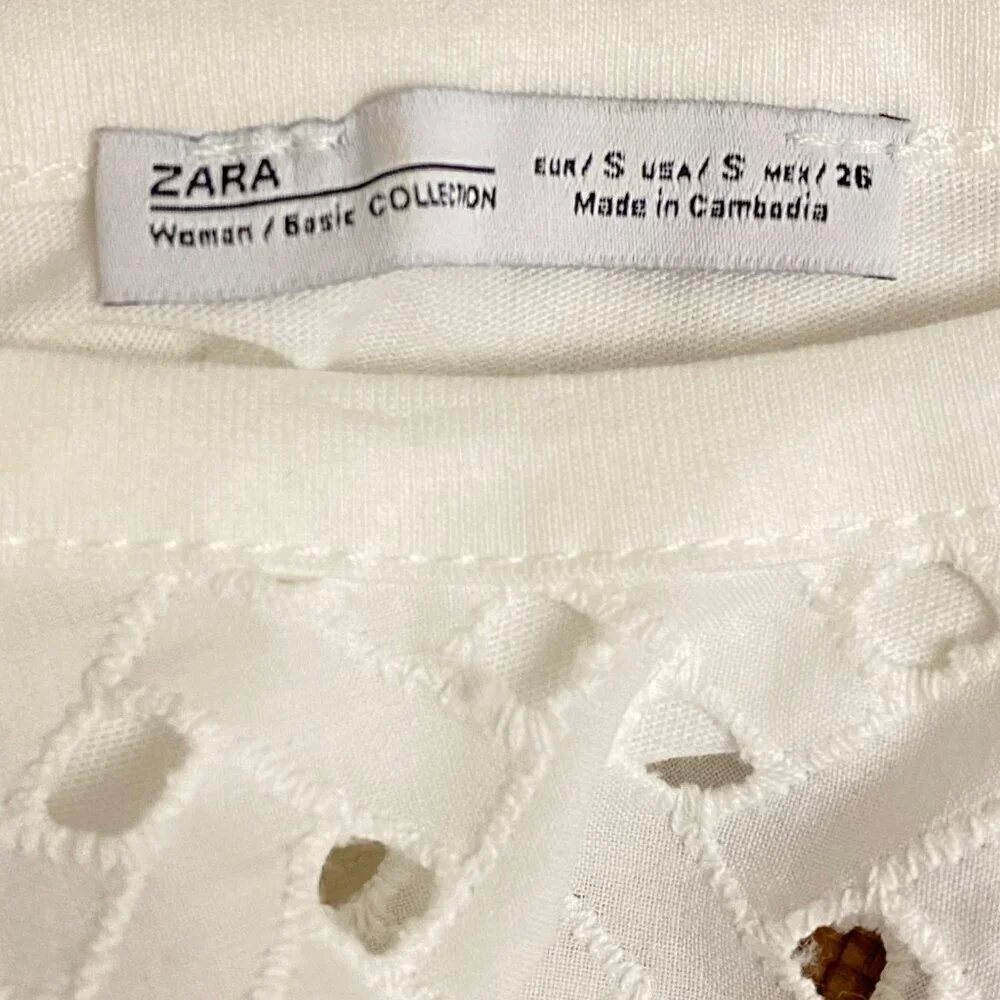Zara White Cotton Eyelet Puff Sleeve Top Size Small